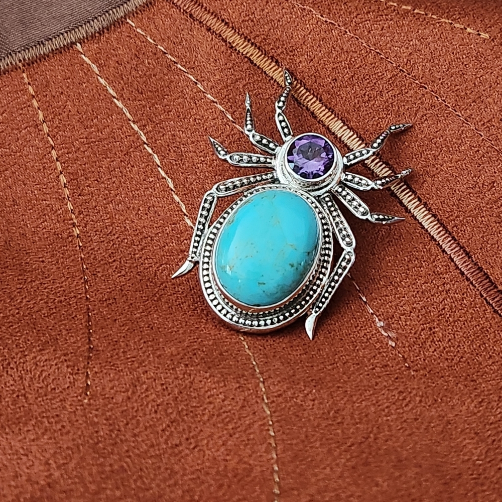 NICKY BUTLER 925 Sterling Silver Turquoise Amethyst Spider Brooch Pendant NB π· - Picture 7 of 13